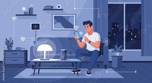 A modern living room with smart home automation controlled via smartphone application