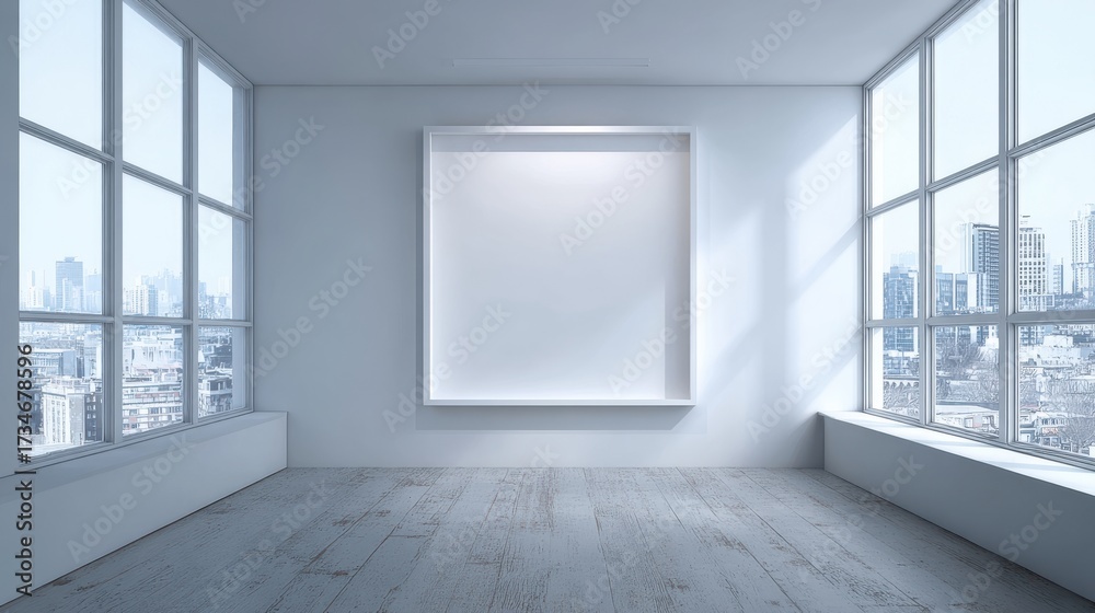 Fototapeta premium Modern minimalist studio space with large windows and empty oversized canvas frame