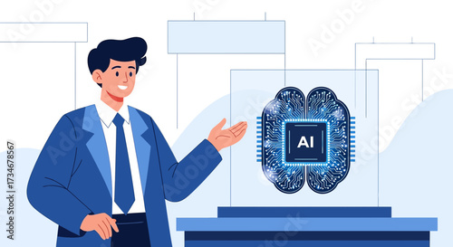 Artificial intelligence presentation showing brain shaped circuit board and presenter