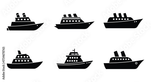 Simple silhouette illustrations of various passenger ships and small boats