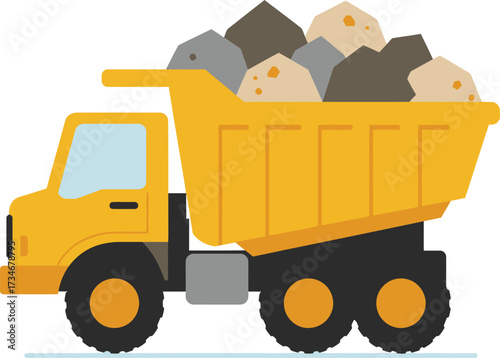 Yellow dump truck loaded with rocks and debris ready for construction work flat design vector illustration white background