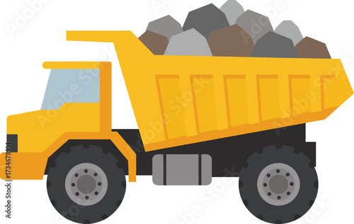 Yellow dump truck carrying rocks and gravel for construction or mining projects flat design vector illustration white background
