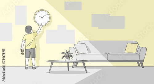 Boy adjusts time on wall clock in modern living room illustration in minimal style