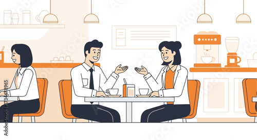 Business colleagues enjoying a coffee break and engaging in a productive conversation at a cafe