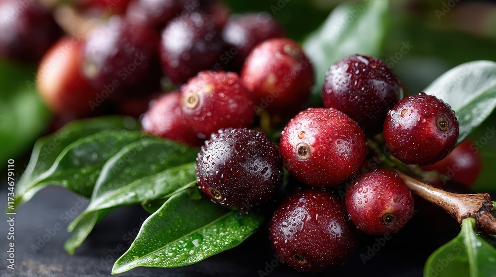 Obraz premium Close-up of Fresh Red Coffee Cherries with Water Droplets on Branch