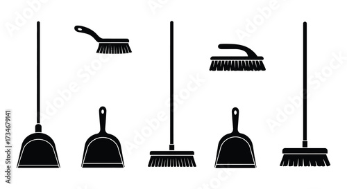 Simple black and white illustration of various cleaning tools arranged in a row