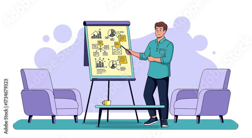 Business presentation on a flipchart with charts and graphs in a modern office setting