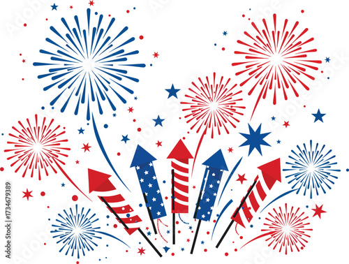 Explosive patriotic fireworks display celebrates independence day with red white and blue pyrotechnics flat design vector illustration white background