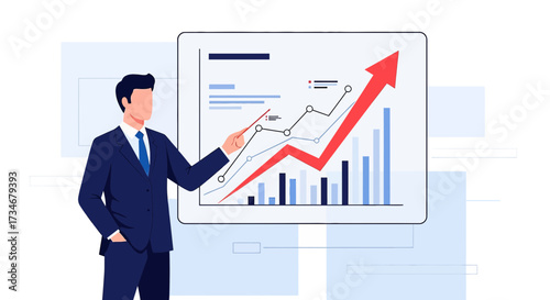 Business presentation showing success with a rising arrow and charts explaining market data