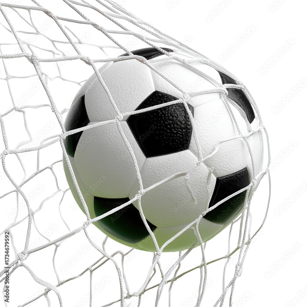 Naklejka premium Soccer ball hitting the net during an intense match outdoor