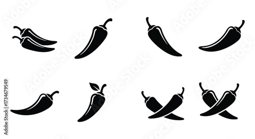 A collection of various black silhouette chili pepper illustrations displayed neatly