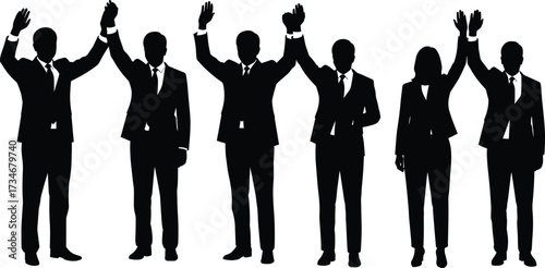 Business silhouettes, professional team, corporate group, male female figures, unity concept, waving gesture, formal attire illustration set