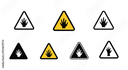 Variations of warning signs depicting a hand indicating stop or caution