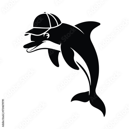 Stylized silhouette of a happy dolphin wearing a baseball cap and smiling silhouette