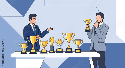 Businessmen showcasing and analyzing achievements represented by golden trophies collection