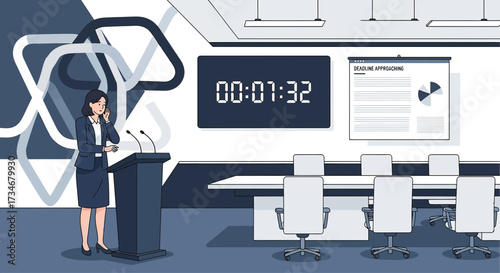Businesswoman addressing conference deadline approaching in modern meeting room environment