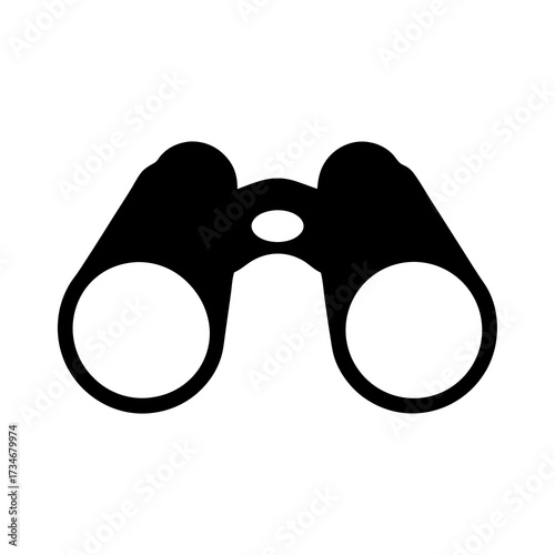 A simplified black and white binoculars icon for exploration or surveillance
