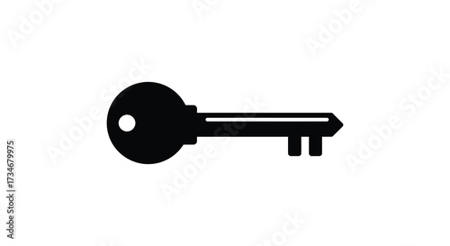 Simple black silhouette of a classic metal key on a white background