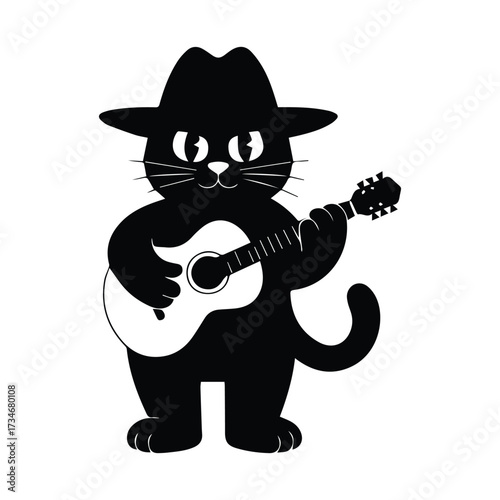 Whimsical black cat wearing cowboy hat playing guitar joyfully silhouette