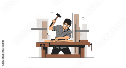 Carpenter at Work: A Focused Illustration of Craftsmanship and Woodworking Skill