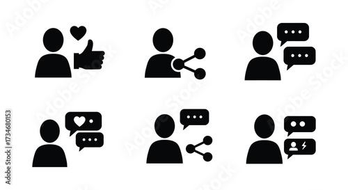 Simple black icons representing people likes shares and communication