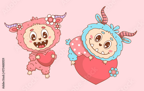 Romantic Cute Monster Character with Heart set. Isolated Cool Funny kawaii horned Fantasy beast Valentine. Vector illustration