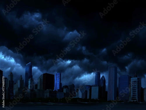 City skyline experiencing dark ominous storm clouds. Eerie and spooky landscape