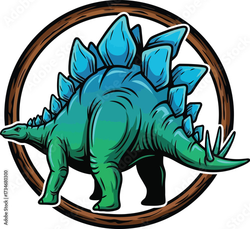 Cartoon stegosaurus inside a wooden ring, prehistoric illustration