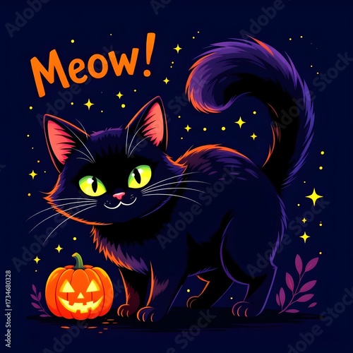 Cute black cat illustration, glowing eyes, mischievous grin. 