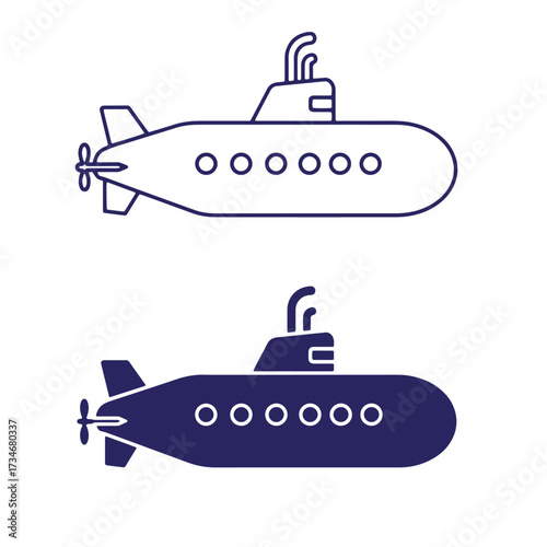 Two minimalist vector illustrations of a submarine showing outlines and solid colors