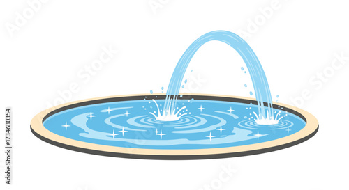 A serene fountain with water gracefully arching and splashing into a circular basin creating ripples and glistening effects.