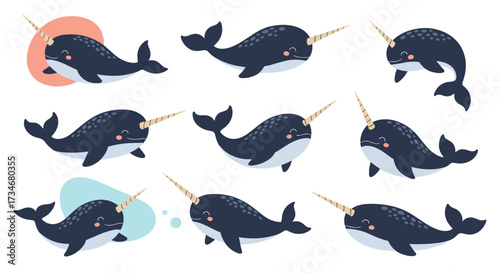 A collection of adorable narwhals in various playful poses illustrating their unique horn.