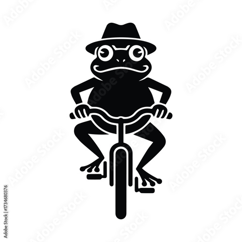 Whimsical frog wearing hat rides bicycle front view silhouette style silhouette