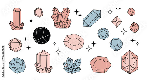 A collection of diverse geometric crystal formations and sparkling star shapes with varied colors and sizes scattered across a white background.