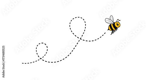 A cute cartoon bee flying and leaving a dashed line trail in the air.