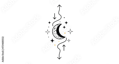Celestial moon and star graphic with flowing cosmic lines and directional arrows suggesting movement.