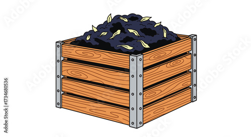 A wooden crate filled with dark organic material and some light colored debris.