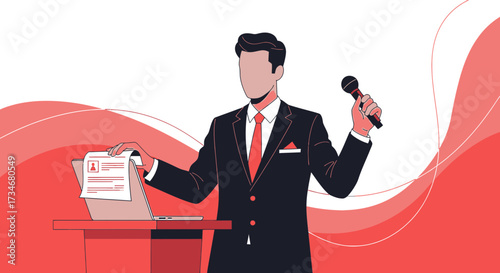 Confident speaker in suit delivering speech holding microphone with document and laptop