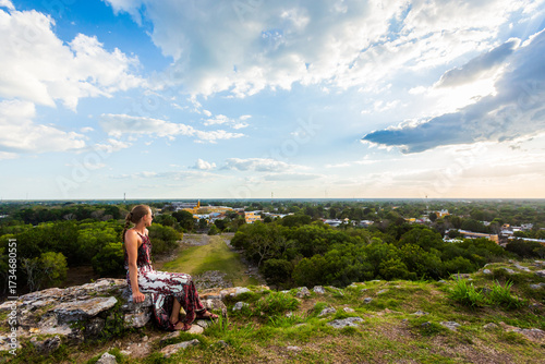 Pretty woman in Izamal pyramids Mexico