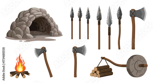 Primitive survival tools and shelter for ancient human life.