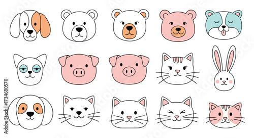 A collection of cute animal faces including dogs cats bears pigs and rabbits.