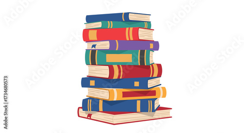 A tall stack of colorful books on a white background.