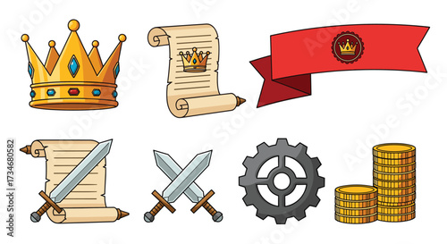 Royal symbols and ancient artifacts representing power wealth and history.