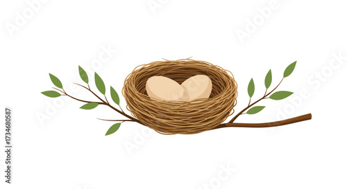 A charming bird's nest woven from natural materials holds two delicate eggs atop a slender branch adorned with fresh green leaves.