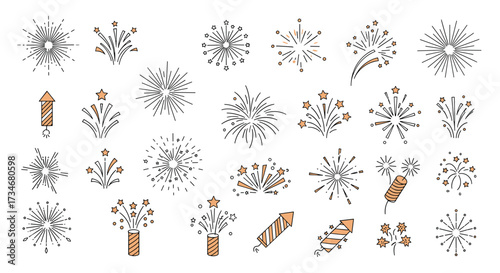Collection of illustrative firework burst designs and celebratory pyrotechnic elements for festive occasions.