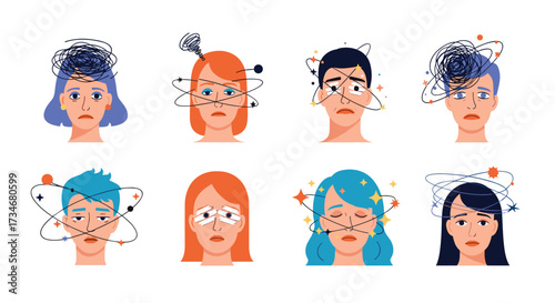 Illustration of people experiencing mental distress and anxiety with confused thoughts and emotions