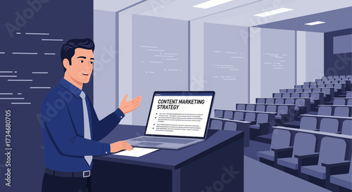 Content marketing strategy presentation by a professional in an auditorium setting