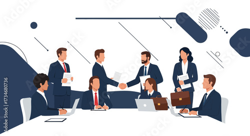Corporate team meeting illustration showcasing handshake and collaboration environment