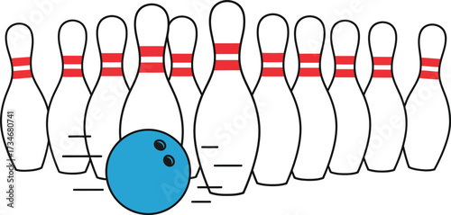 Bowling pins and ball cartoon simple line art style for fun sports and games concepts flat design vector illustration white background