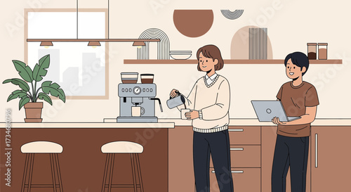 Cozy kitchen scene with woman pouring coffee while man works on laptop creating a warm and
